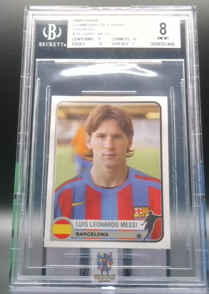 2005 Panini Champions of Europe 1955-2005 74 Lionel Messi	Rookie Sticker, Graded BGS 8 Name Error
