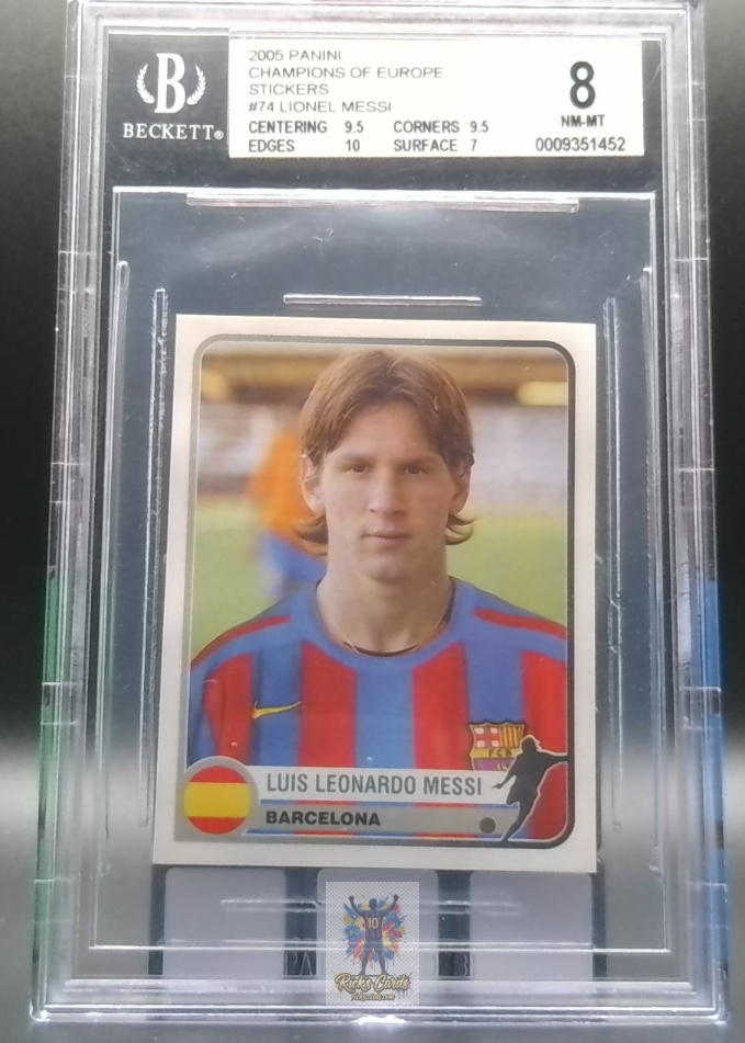 2005 Panini Champions of Europe 74 Lionel Messi Rookie Sticker, Graded BGS 8 Name Error 2