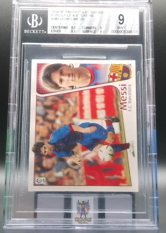  2004-05 Panini Colecciones Este F.C. La Liga Stickers 288 Lionel Messi Rookie Card, Rookie Sticker, Graded BGS 9 
