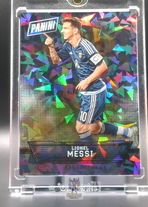   2016 Panini Lionel Messi card is from the The National Convention VIP set, card #34, featuring Serial Numbered, Cracked Ice Parallel, Short Print, 01/25. Messi Cards 32